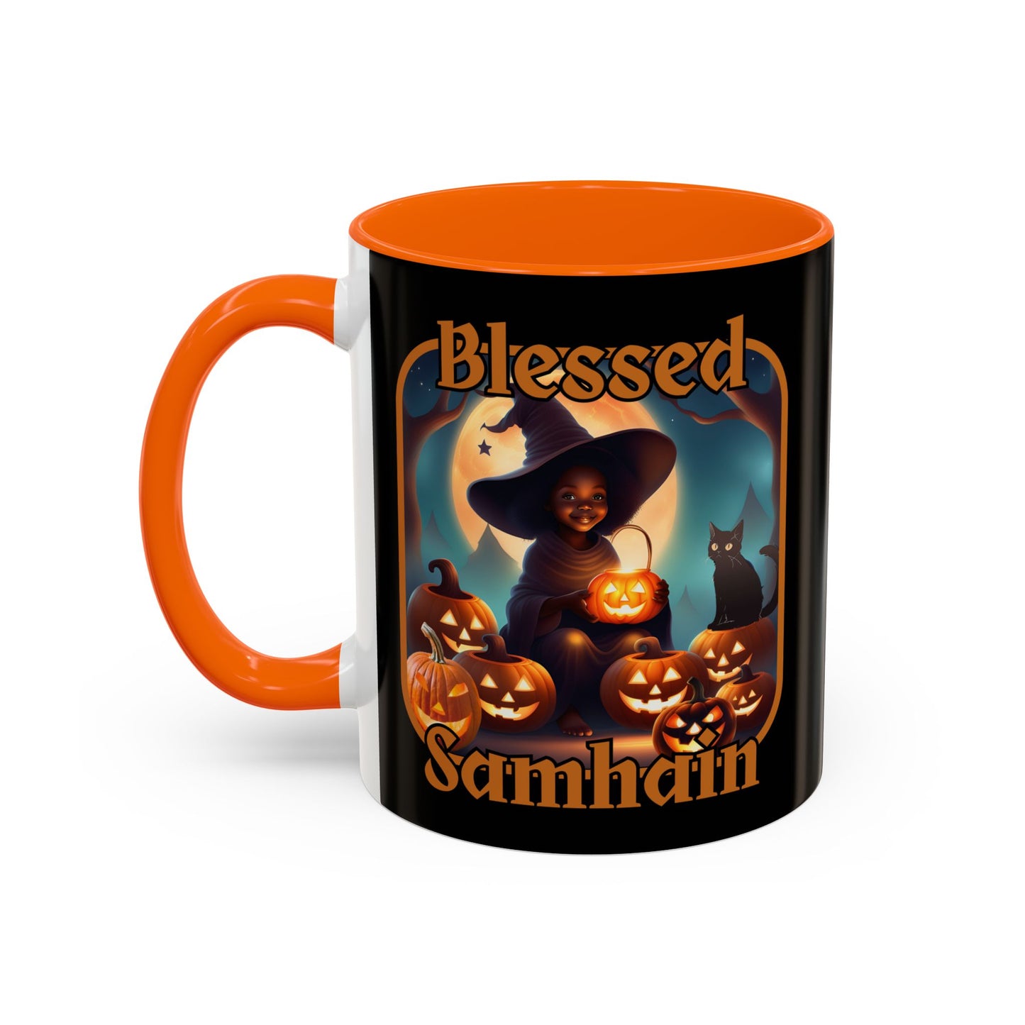 Blessed Samhain Cute Witch Orange font Black Accent Mug by CreepyCrafts.boo