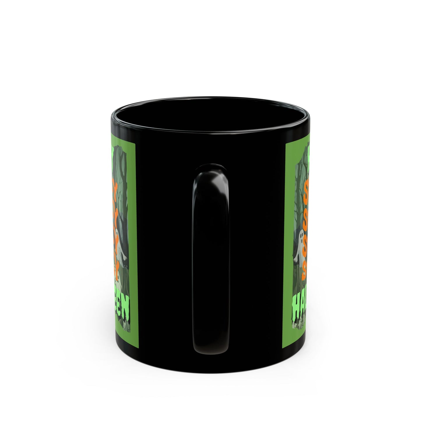 Spooky Happy Halloween Ghost Green font Green Mug by CreepyCrafts.boo
