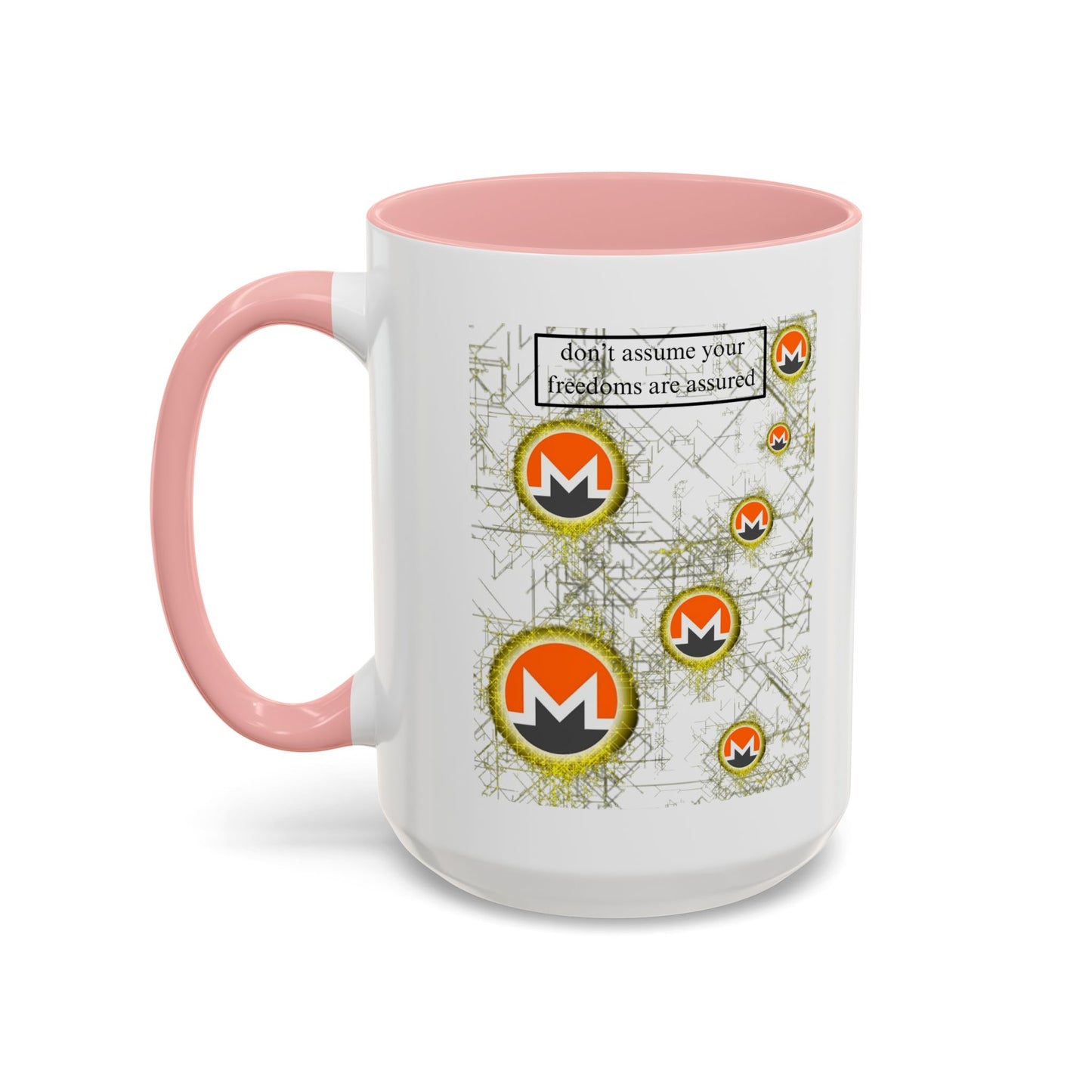 Monero (XMR) don't assume your freedoms are assured White Accent Mug by cypherpunkgear.com
