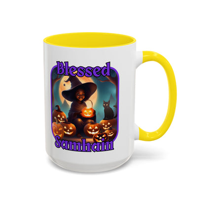 Blessed Samhain Cute Witch Purple font White Accent Mug by CreepyCrafts.boo