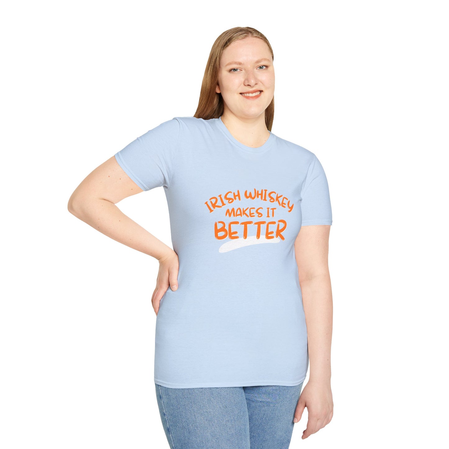Irish Whiskey makes it better Orange font Light colors Unisex T-Shirt by cypherpunkgear.com