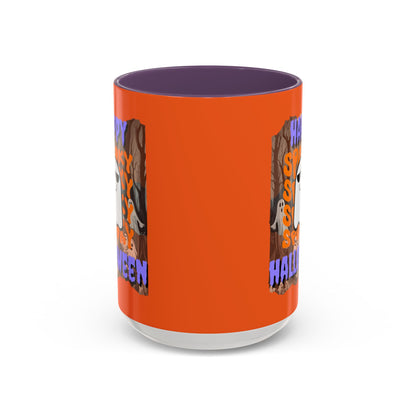 Spooky Happy Halloween Ghost Purple font Orange Accent Mug by CreepyCrafts.boo