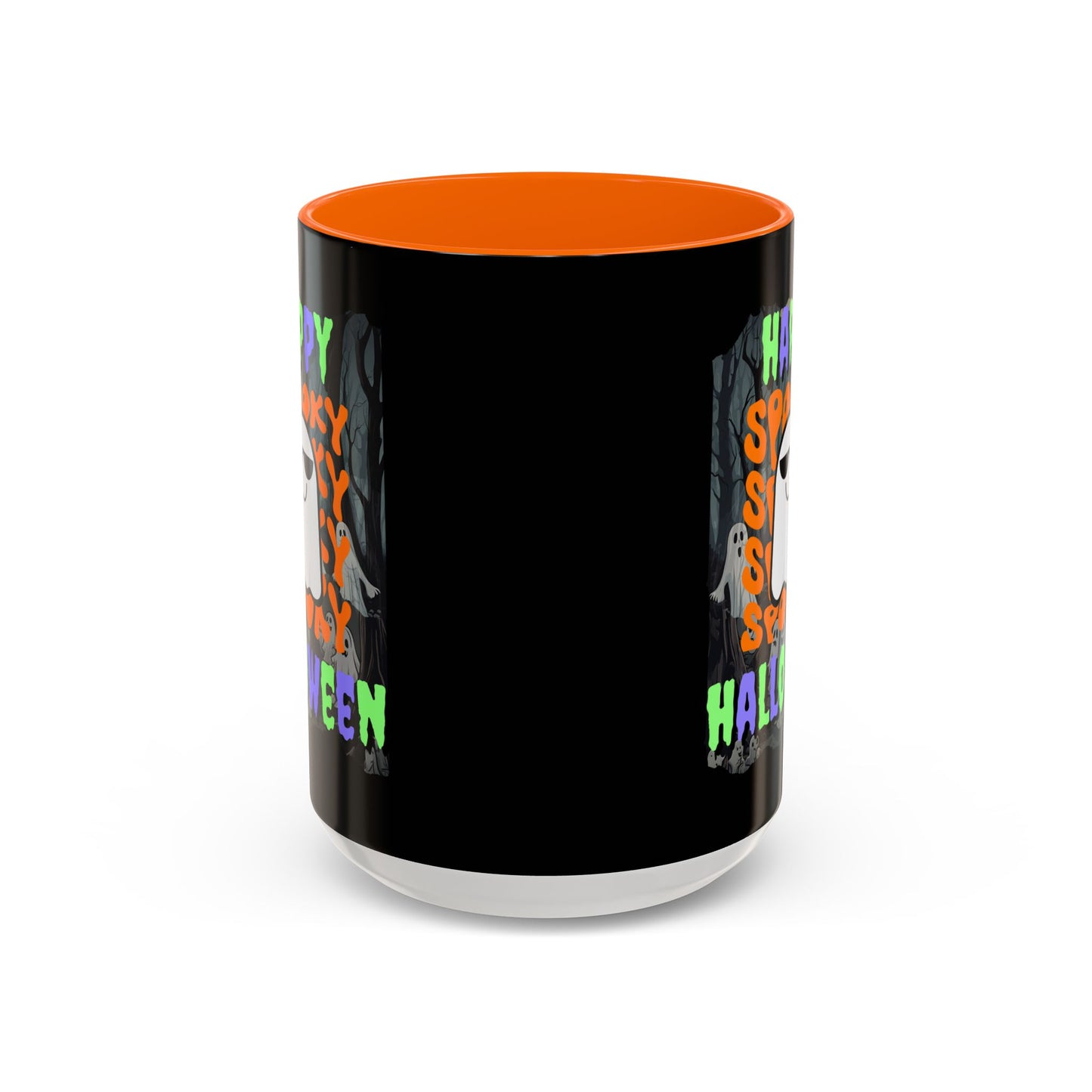 Spooky Happy Halloween Ghost Mixed font Black Accent Mug by CreepyCrafts.boo