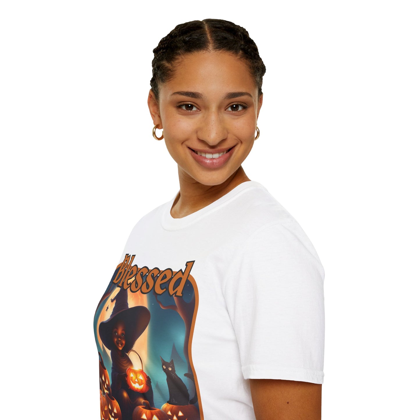 Blessed Samhain Cute Witch Orange font Light colors Unisex T-Shirt by CreepyCrafts.boo