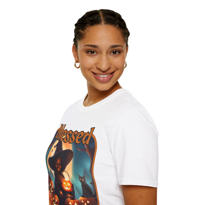 Blessed Samhain Cute Witch Orange font Light colors Unisex T-Shirt by CreepyCrafts.boo