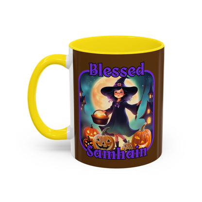 Blessed Samhain Little Witch Purple font Brown Accent Mug by CreepyCrafts.boo