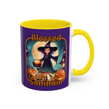 Blessed Samhain Little Witch Orange font Purple Accent Mug by CreepyCrafts.boo
