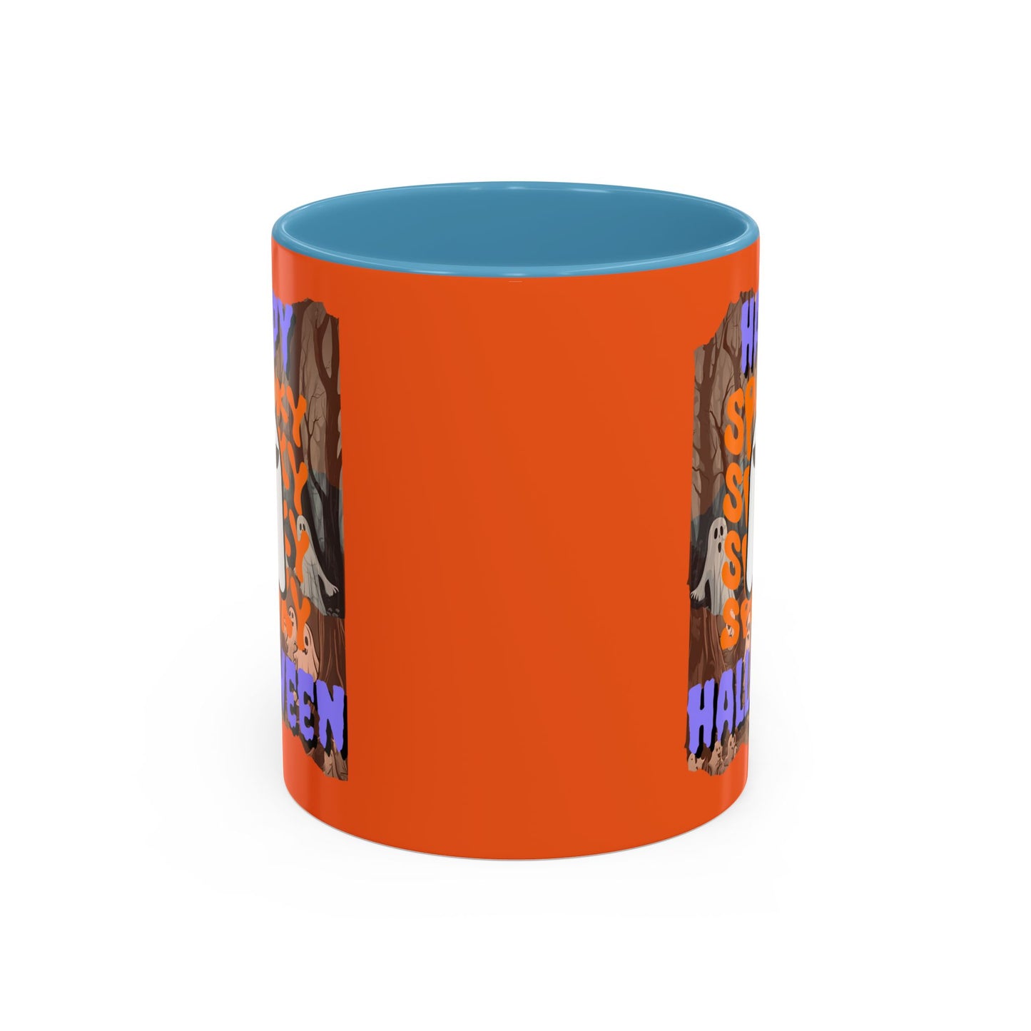 Spooky Happy Halloween Ghost Purple font Orange Accent Mug by CreepyCrafts.boo