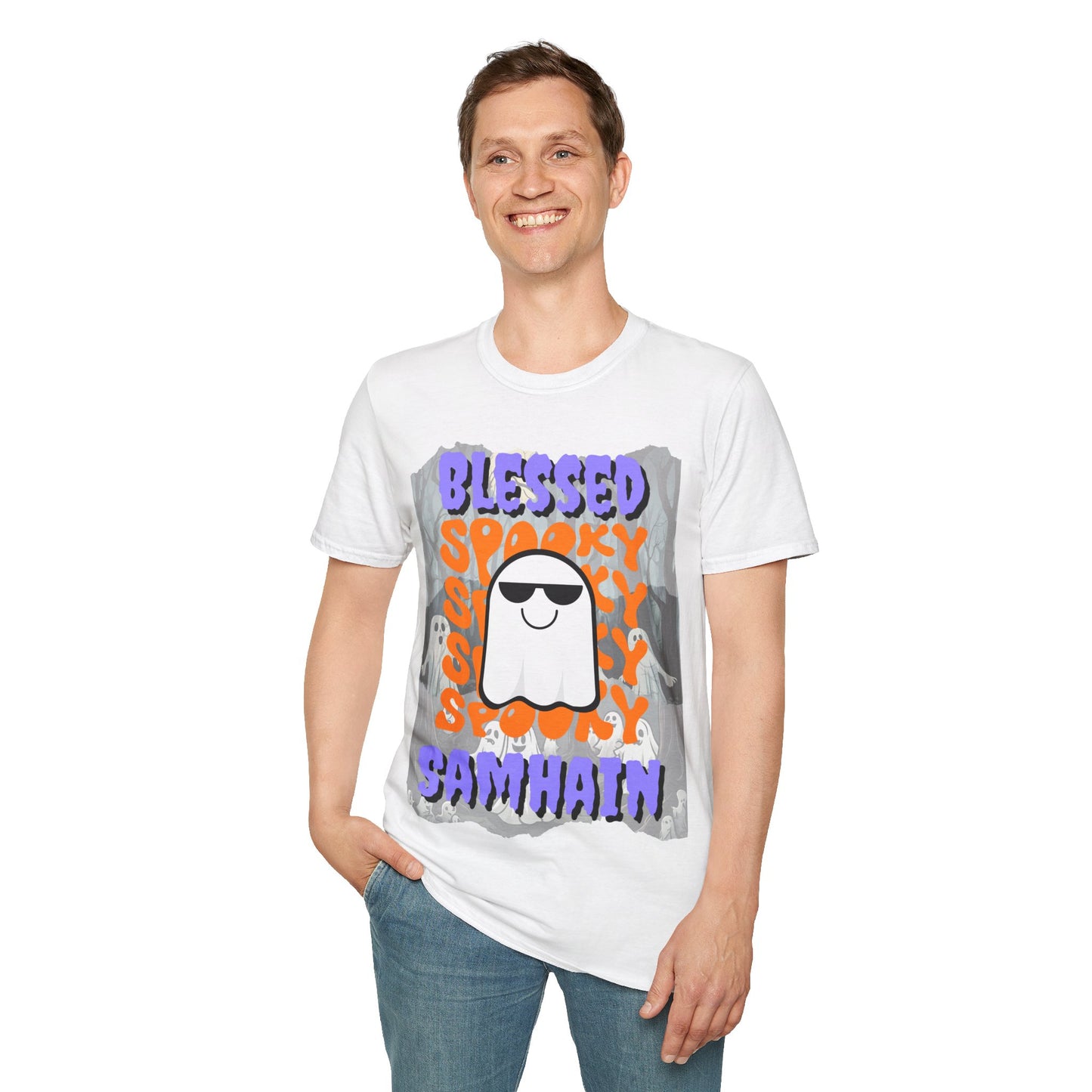 Spooky Blessed Samhain Ghost PRfont Unisex T-Shirt by cypherpunkgear