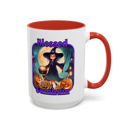 Blessed Samhain Little Witch Purple font White Accent Mug by CreepyCrafts.boo