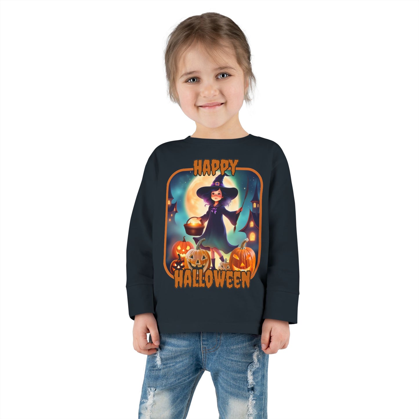 Happy Halloween Little Witch Orange font Toddler Long Sleeve Tee by CreepyCrafts.boo