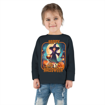 Happy Halloween Little Witch Orange font Toddler Long Sleeve Tee by CreepyCrafts.boo