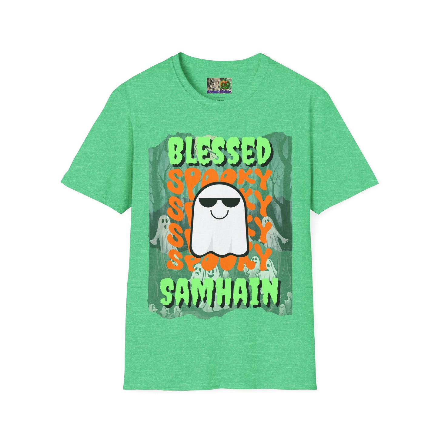 Spooky Blessed Samhain Ghost Green font Unisex T-Shirt by CreepyCrafts.boo