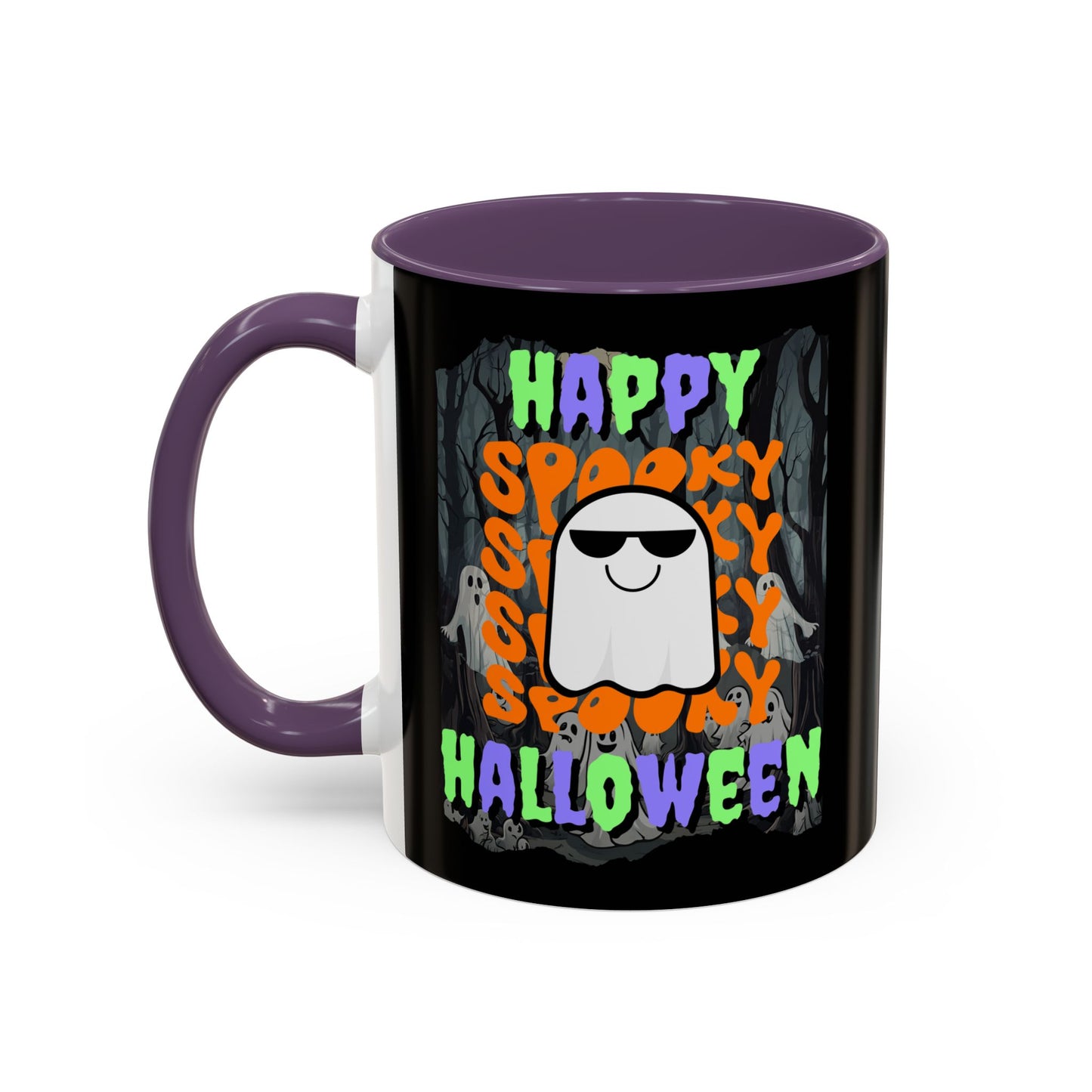 Spooky Happy Halloween Ghost Mixed font Black Accent Mug by CreepyCrafts.boo