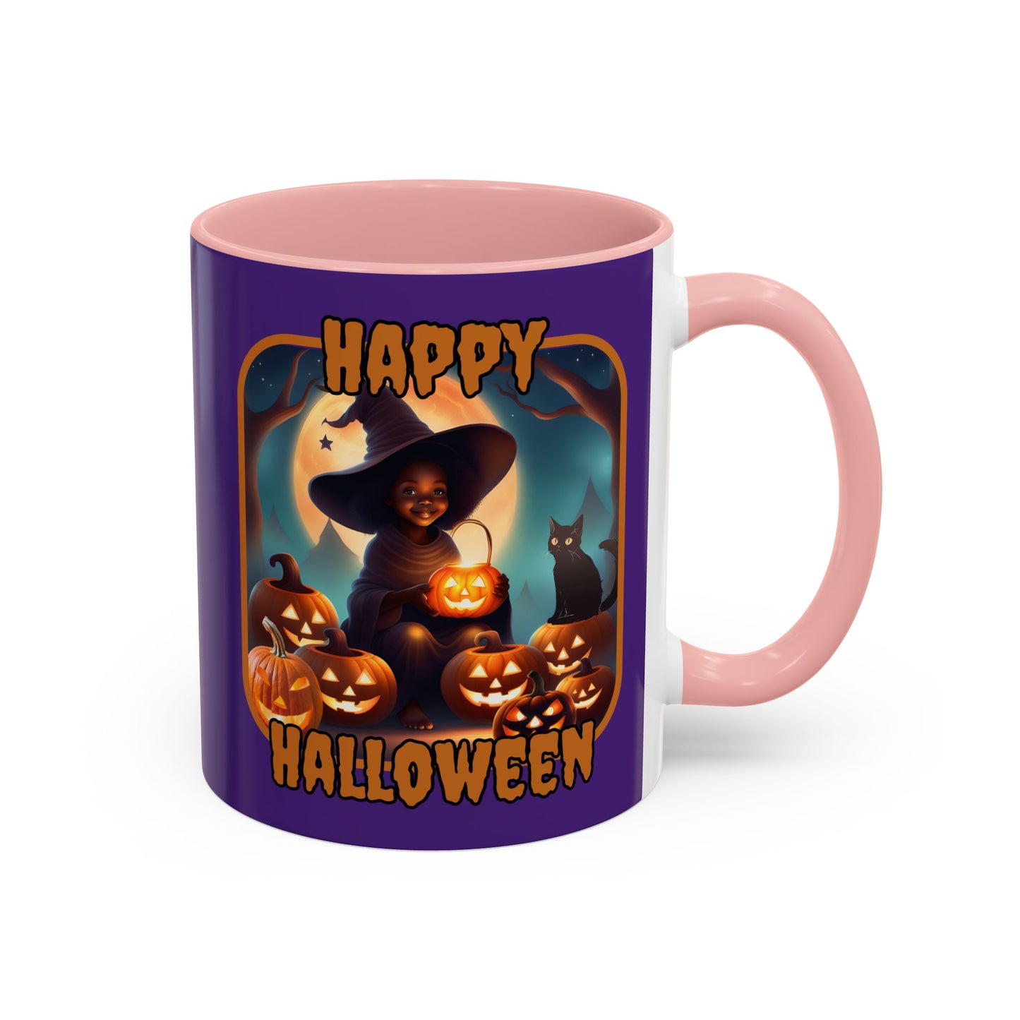 Happy Halloween Cute Witch Orange font Purple Accent Mug by CreepyCrafts.boo