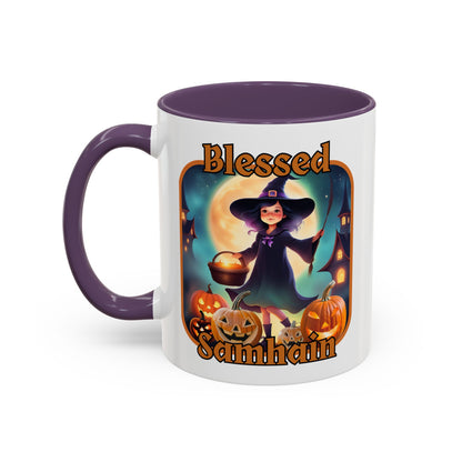 Blessed Samhain Little Witch Orange font White Accent Mug by CreepyCrafts.boo