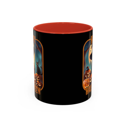 Happy Halloween Cute Witch Orange font Black Accent Mug by CreepyCrafts.boo