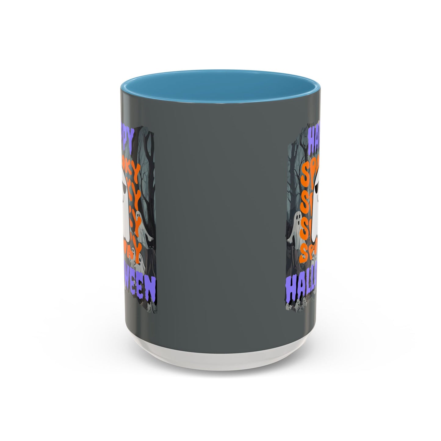 Spooky Happy Halloween Ghost Purple font Grey Accent Mug by CreepyCrafts.boo