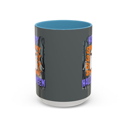 Spooky Happy Halloween Ghost Purple font Grey Accent Mug by CreepyCrafts.boo