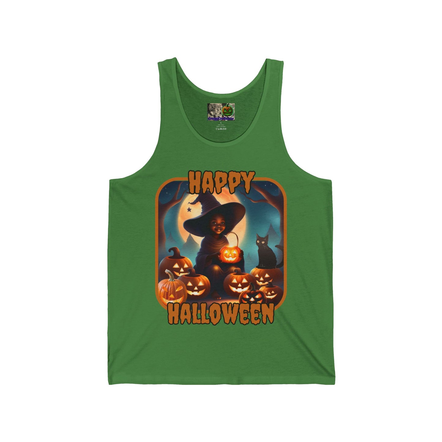 Happy Halloween Cute Witch Orange font Unisex Jersey Tank Top by CreepyCrafts.boo