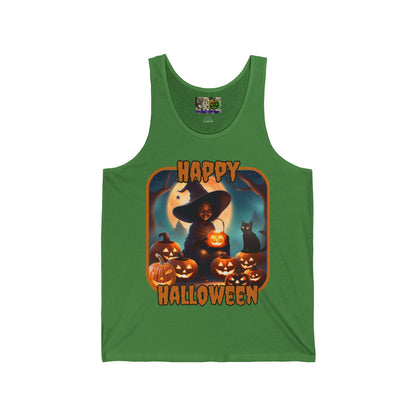 Happy Halloween Cute Witch Orange font Unisex Jersey Tank Top by CreepyCrafts.boo