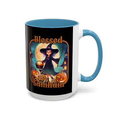 Blessed Samhain Little Witch Orange font Black Accent Mug by CreepyCrafts.boo