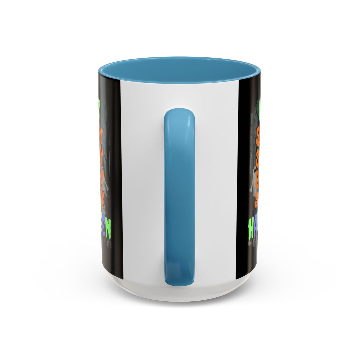 Spooky Happy Halloween Ghost Mixed font Black Accent Mug by CreepyCrafts.boo