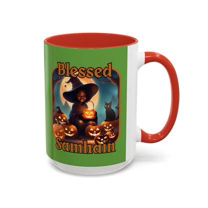 Blessed Samhain Cute Witch Orange font Green Accent Mug by CreepyCrafts.boo