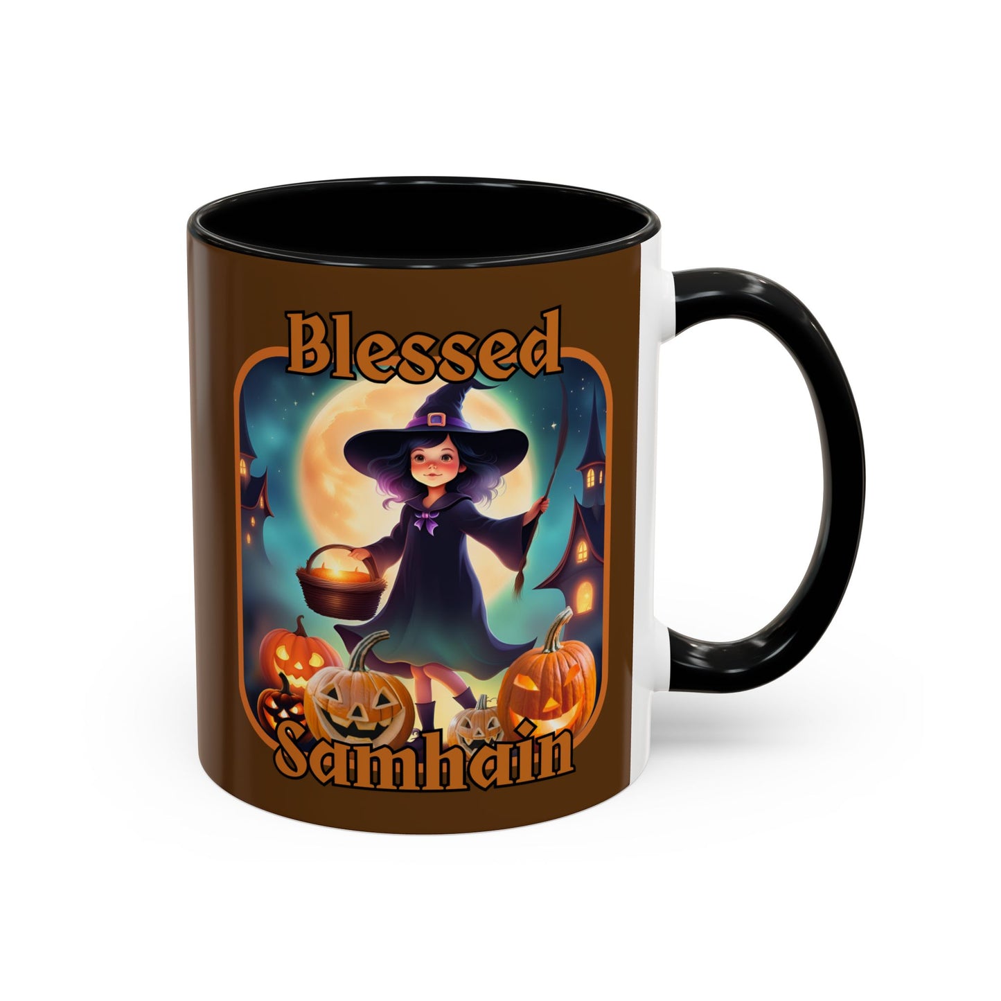 Blessed Samhain Little Witch Orange font Brown Accent Mug by CreepyCrafts.boo