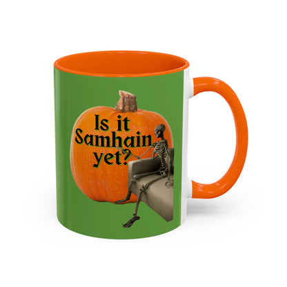 Is It Samhain Yet? Skeleton's Giant Pumpkin Green Accent Mug by CreepyCrafts.boo