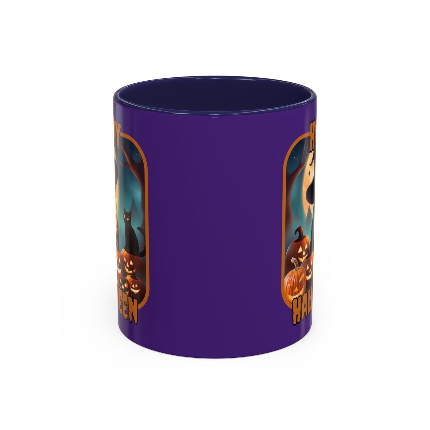 Happy Halloween Cute Witch Orange font Purple Accent Mug by CreepyCrafts.boo