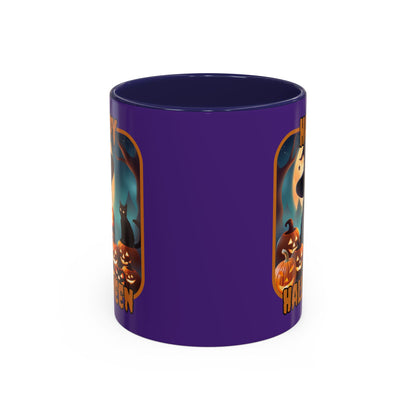 Happy Halloween Cute Witch Orange font Purple Accent Mug by CreepyCrafts.boo