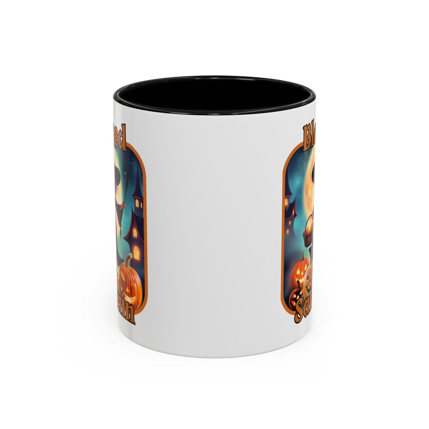 Blessed Samhain Little Witch Orange font White Accent Mug by CreepyCrafts.boo
