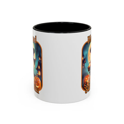 Blessed Samhain Little Witch Orange font White Accent Mug by CreepyCrafts.boo