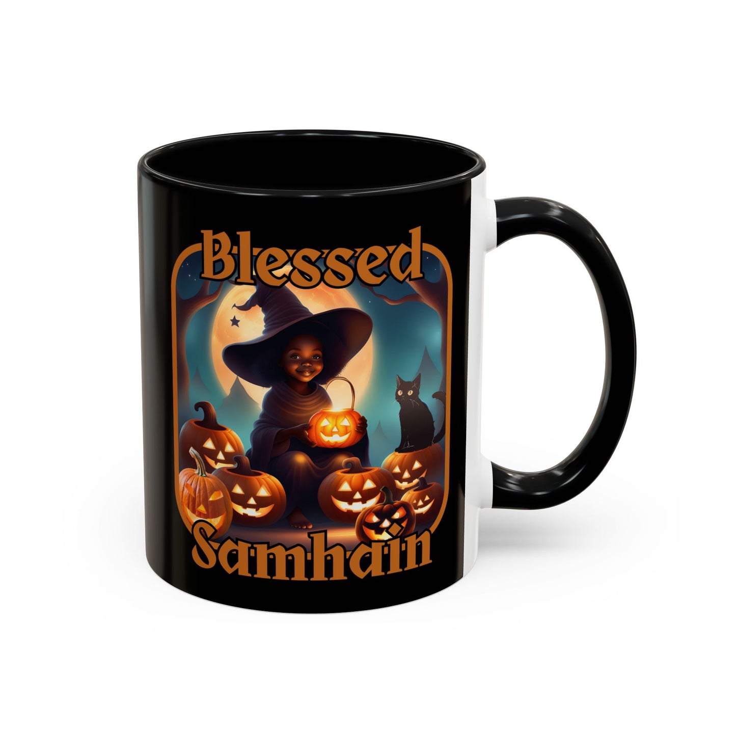 Blessed Samhain Cute Witch Orange font Black Accent Mug by CreepyCrafts.boo