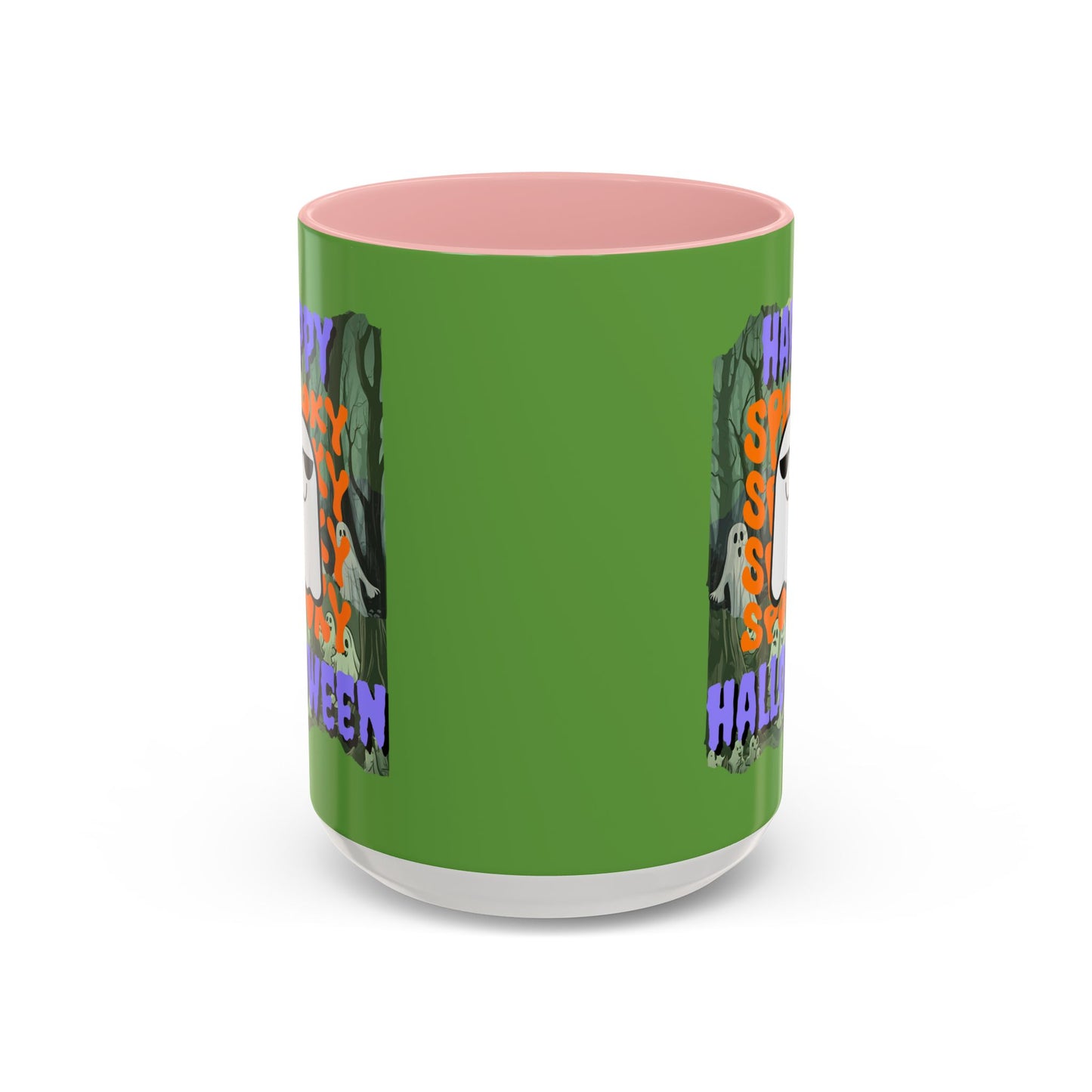 Spooky Happy Halloween Ghost Purple font Green Accent Mug by CreepyCrafts.boo