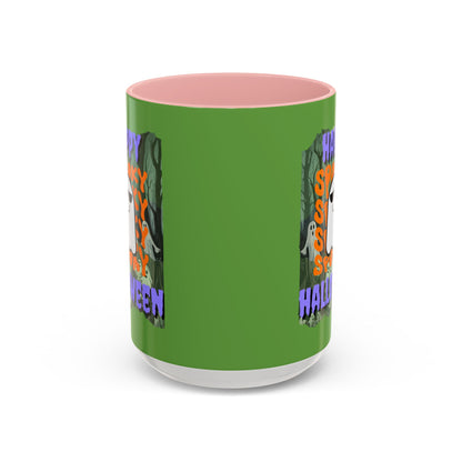 Spooky Happy Halloween Ghost Purple font Green Accent Mug by CreepyCrafts.boo