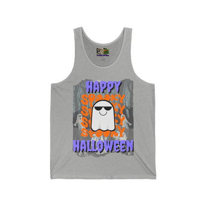 Spooky Happy Halloween Ghost Purple font Unisex Jersey Tank Top by CreepyCrafts.boo