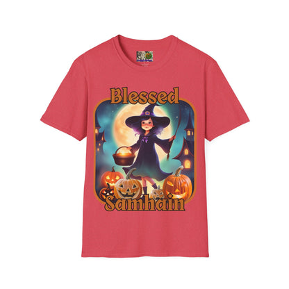 Blessed Samhain Little Witch Orange font Light colors Unisex T-Shirt by CreepyCrafts.boo
