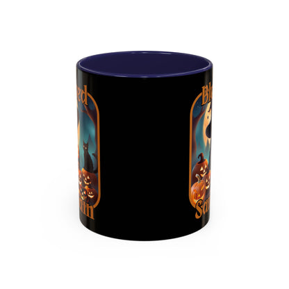 Blessed Samhain Cute Witch Orange font Black Accent Mug by CreepyCrafts.boo