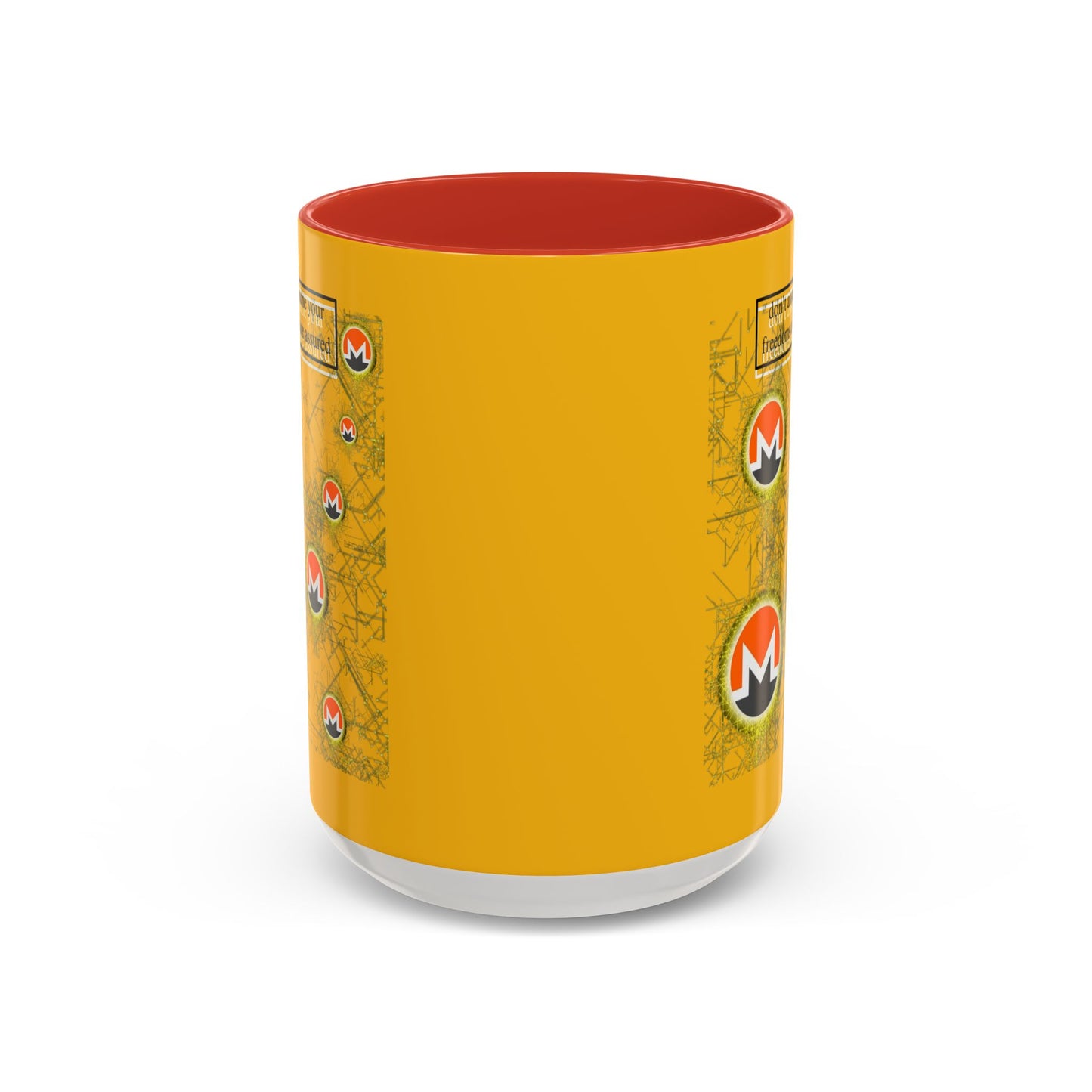 Monero (XMR) don't assume your freedoms are assured Yellow Accent Mug by cypherpunkgear.com
