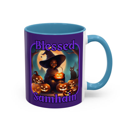Blessed Samhain Cute Witch Purple font Purple Accent Mug by CreepyCrafts.boo