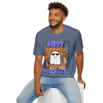 Spooky Happy Halloween Ghost Dark colors Purple font Unisex T-Shirt by CreepyCrafts.boo