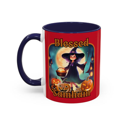 Blessed Samhain Little Witch Orange font Red Accent Mug by CreepyCrafts.boo