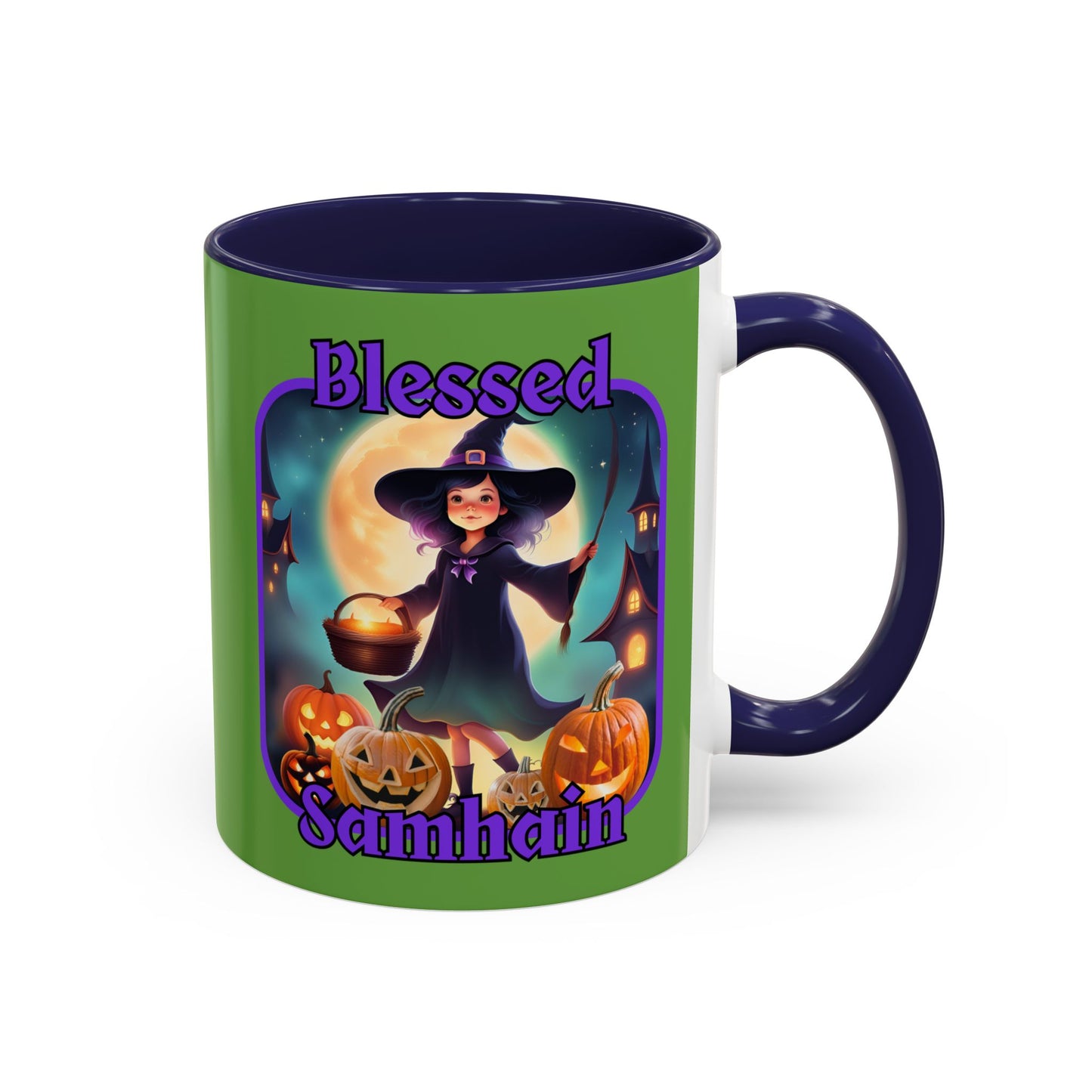 Blessed Samhain Little Witch Purple font Green Accent Mug by CreepyCrafts.boo