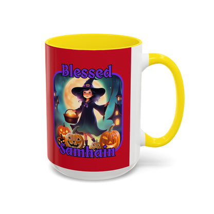 Blessed Samhain Little Witch Purple font Red Accent Mug by CreepyCrafts.boo