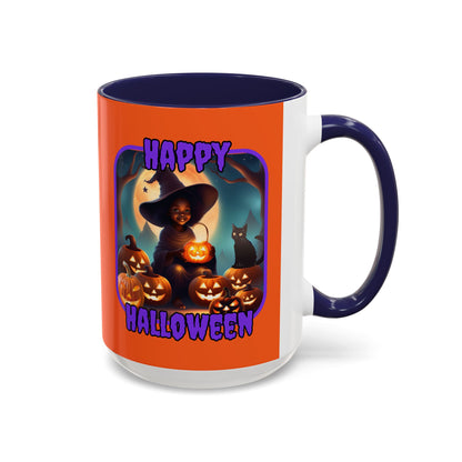 Happy Halloween Cute Witch Purple font Orange Accent Mug by CreepyCrafts.boo