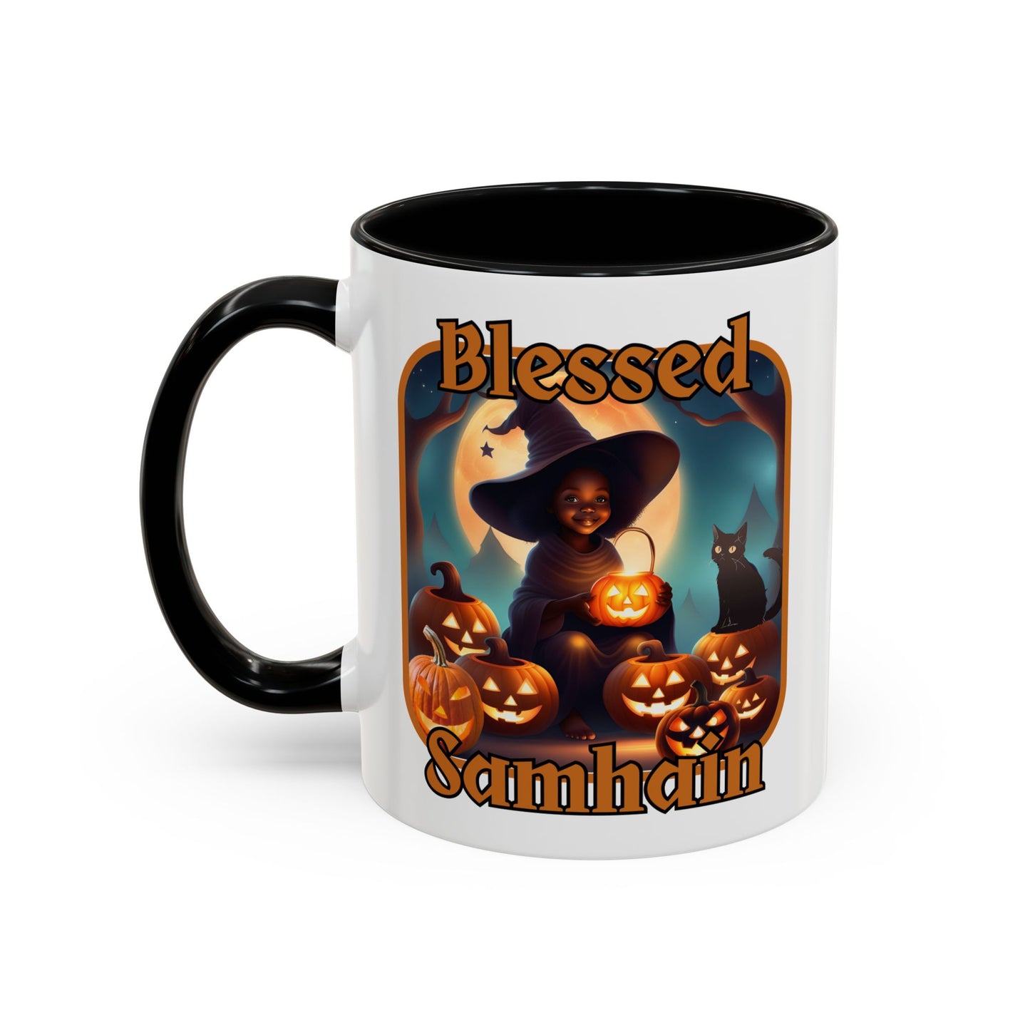 Blessed Samhain Cute Witch Orange font White Accent Mug by CreepyCrafts.boo