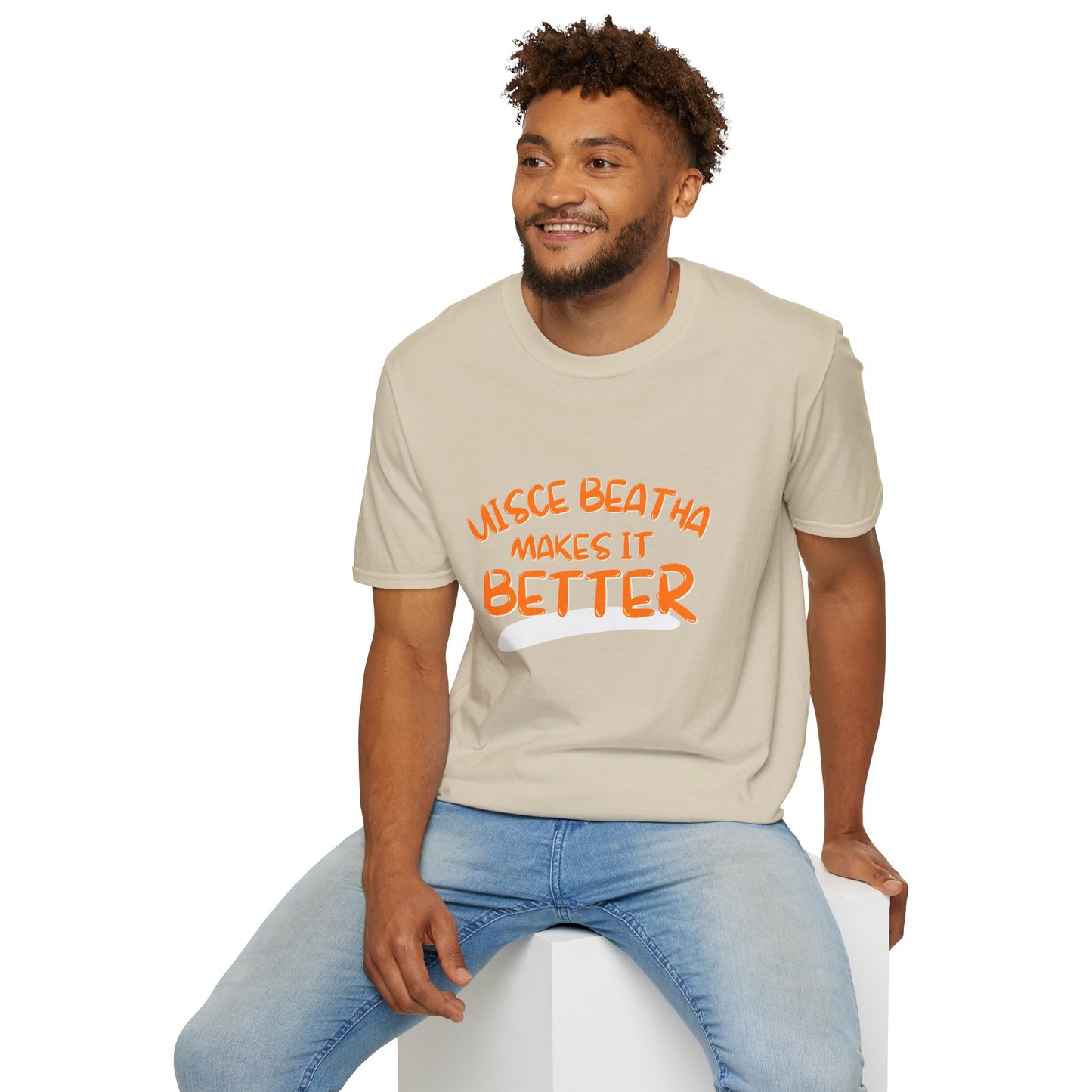 Uisce Beatha makes it better Orange font Light colors Unisex T-Shirt by cypherpunkgear.com