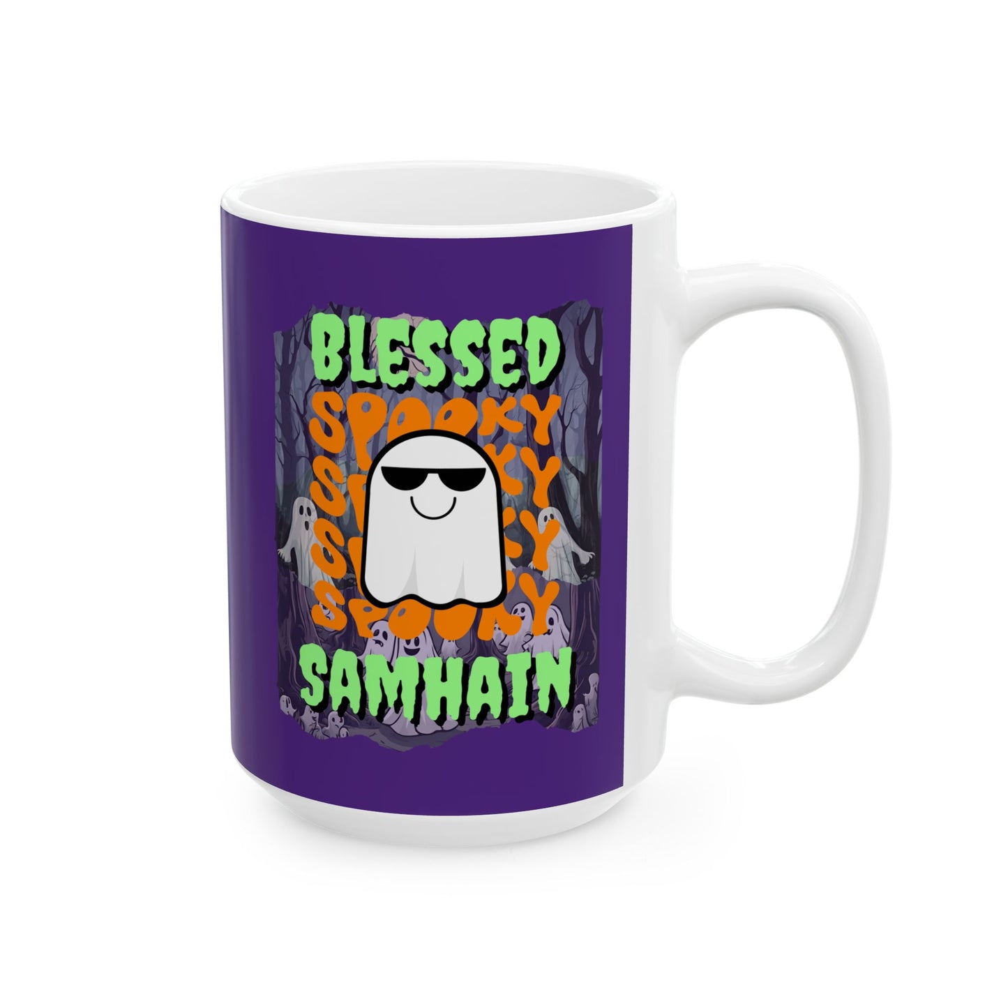 Spooky Blessed Samhain Ghost Green font Purple Mug by CreepyCrafts.boo